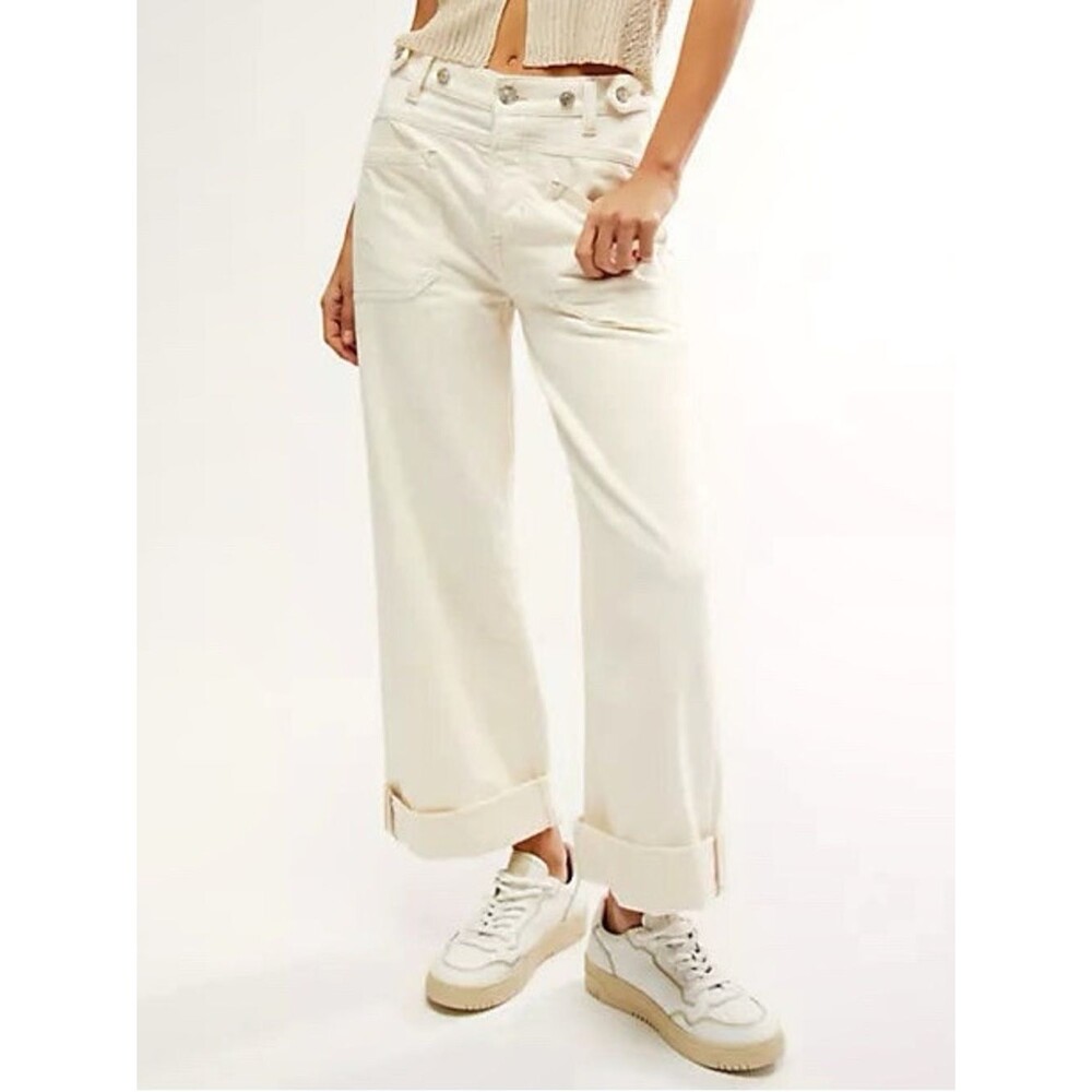 Free People Palmer Cuffed Wide Leg Tab Waist Jeans Size 27 Eggshell White Wash